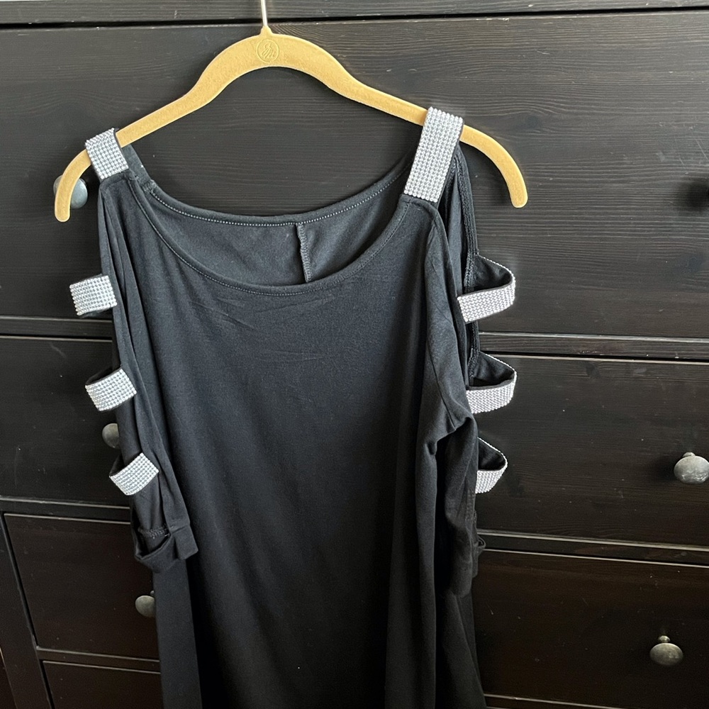 Black Cold Shoulder Top with Silver rhinestone Accents